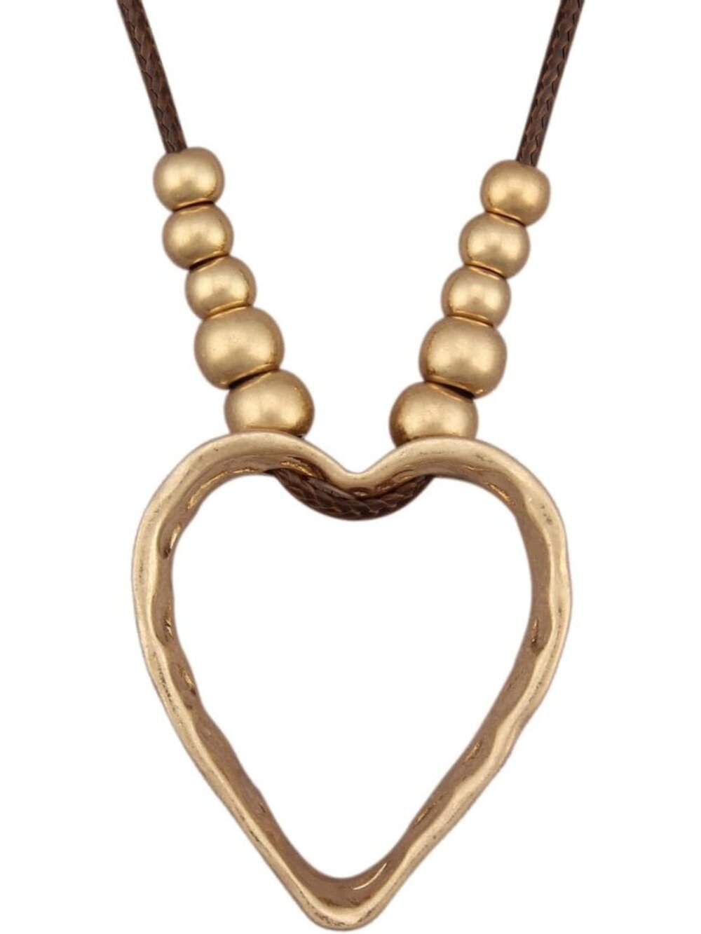 Women's Vintage Gold Heart Necklace Hammered Outline Pendant Long Brown Cord